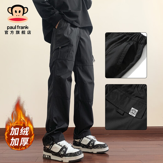 Paul Frank Workwear Straight Casual Pants Men's Winter New Trendy Brand Loose Velvet Thickened Warm Pants Sports Paratrooper Trousers Black Velvet Cold Warmth 2XL Recommended 140-155Jin Jin is equal to 0.5 kg