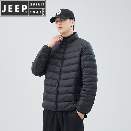 JEEP SPIRIT短款轻薄便携羽绒服男士2025冬季新款鸭绒立领保暖排骨内胆外套潮 黑色 M 适合90-110斤