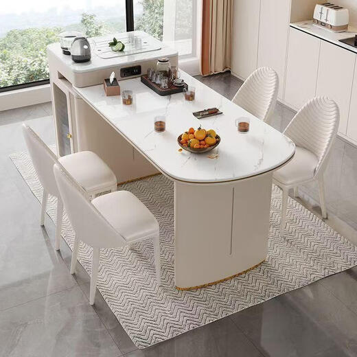 Island table retractable multi-functional canteen dining table cream style household small apartment coffee table dining table tea-making integrated island table + 4 plush chairs retractable 140-170CM track socket type