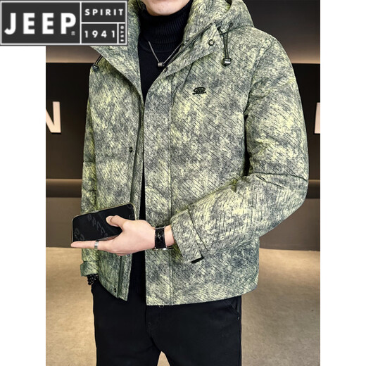 JEEP SPIRIT down jacket men's hooded winter 2025 new thickened warm tie-dyed clothes cold-proof jacket winter green M