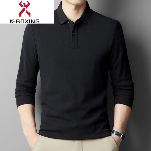 KBXNG Jinba pure cotton 2025 new t-shirt long-sleeved men's lapel spring and autumn middle-aged t-shirt casual solid color polo shirt black XL (175)