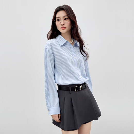Qiushui Yiren Fashion Simple Lapel Striped Top 2026 Spring New Women's Casual Daily H-Shaped Shirt Sky Blue S