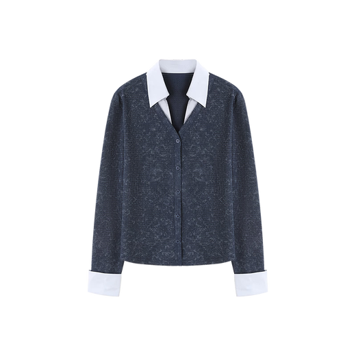 Mohan Yimei's elegant fashion top 2026 spring new V-neck fake two-piece contrasting color splicing slim shirt