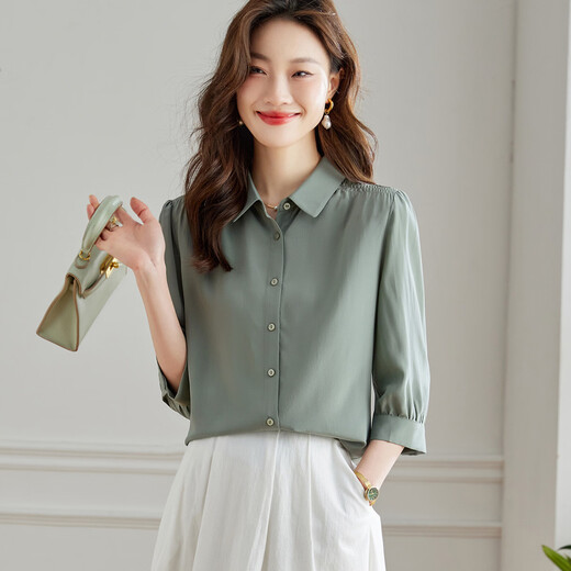 Shexi (Srcr) 100% mulberry silk three-quarter sleeve top for women spring and autumn high-end simple commuting lapel silk shirt