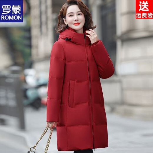 ROMON 2026 New Down Jacket Women's Mid-Length Middle-aged Fashionable Winter Thick Loose Warm Temperament Jacket Hot Style Red 3XL Recommended 120-136 Jin Jin equals 0.5 kg