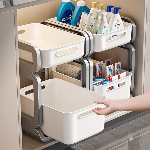 Tuojin imported high-quality pull-out sink storage rack from Germany, simple style bathroom storage rack, widely popular with micro-business, milky white, 3 layers, two short + one high + pulley
