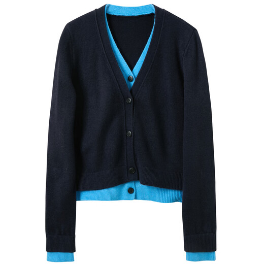 Sancai 2026 spring new high-intelligence contrasting fake two-piece sweater long-sleeved V-neck cardigan jacket S Navy S 155/80A