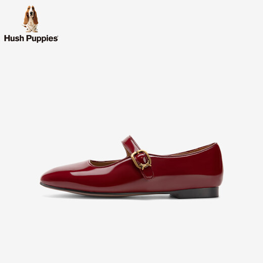Hush Puppies Mary Jane women's shoes 2026 new fashion square toe low heel shallow mouth single shoes French light shiny cowhide shoes mellow wine red 35
