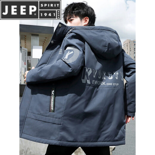 JEEP SPIRIT autumn and winter 2025 new hooded mid-length cotton coat men's velvet thickened windbreaker workwear parka jacket upgraded model K12157 black M