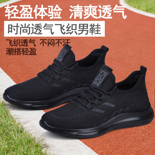 梦兮 春秋款休闲运动鞋子男 夏季轻便透气飞织鞋软底网面工作黑单鞋潮 A03-6630 黑 42