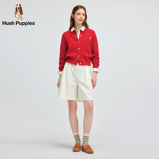 Hush Puppies Delicate and Warm Women's 2025 Autumn and Winter New Versatile Basic Wool Cable Cardigan Sweater Retro Red M