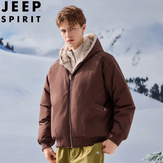 JEEP SPIRIT American retro velvet jacket men's winter new mountain sculpture loose hooded parka down jacket dark gray XL