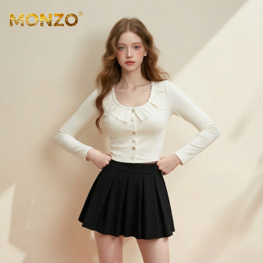 MONZO international high-end brand original design sweet style white long-sleeved fungus-edged sweater for women with buttons, slim and versatile, white S