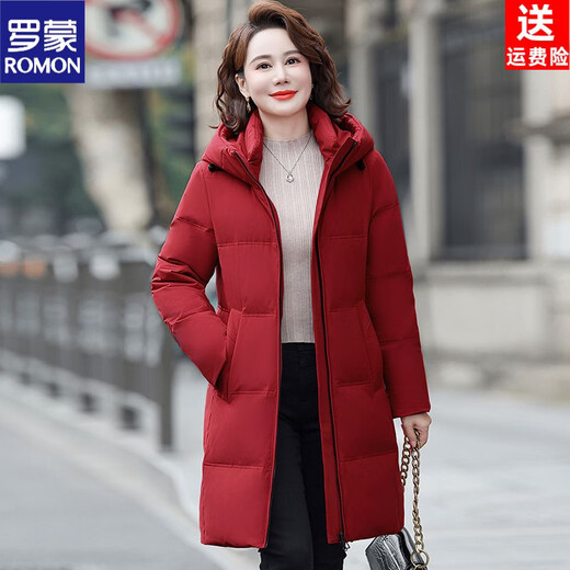 ROMON 2026 New Down Jacket Women's Mid-Length Middle-aged Fashionable Winter Thick Loose Warm Temperament Jacket Hot Style Red 3XL Recommended 120-136 Jin Jin equals 0.5 kg