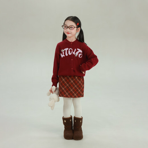 UTOUTO Big Ear Elephant Girls Plaid Woolen Skirt 2025 Winter New Style Baoer Casual Versatile Short Skirt 2507225 Red Plaid 90