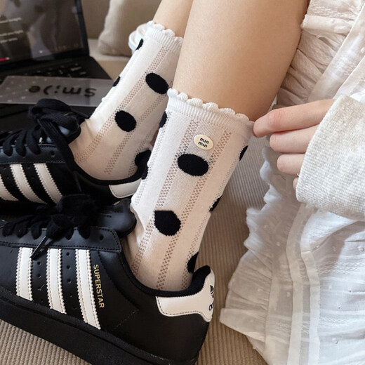 Aoyanlai miu wave dot socks women's summer mesh thin mid-tube cotton socks white