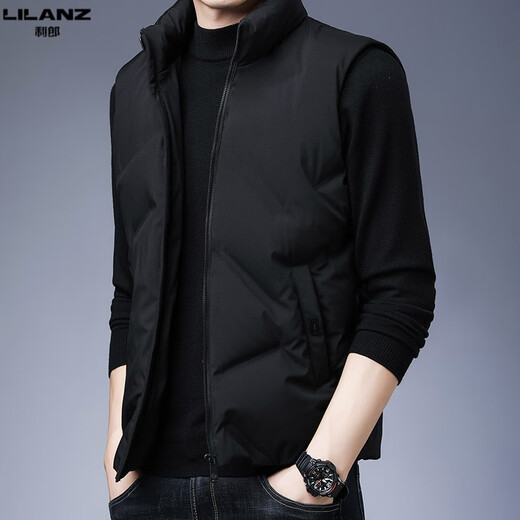 LiLang Shopping Mall Same Style Men's Lightweight Down Vest Autumn and Winter Warm Stand Collar Jacket Men's Vest Vest Sleeveless Down Black 099 M 170