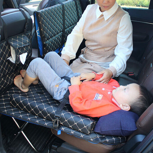 Car rear seat folding bed, car rear sleeping mat, children's car travel mattress, stroller sleeping artifact, double-sided standard French classic leather black and blue fat Oxford cloth + Mazar