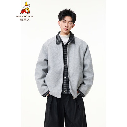 Scarecrow Men's Woolen Cotton Coat Jacket Men's Winter Puffy Handsome Fake Two-Piece Casual Cotton Jacket Loose Fashionable Cotton Clothes Light Gray HY8597 M