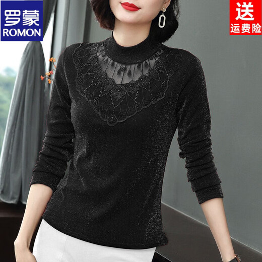 ROMON (ROMON) velvet bottoming shirt for women, spring, autumn and winter new style, half turtleneck mesh shirt, lace mother top, black, velvet style, L recommendation: 98-110Jin Jin is equal to 0.5 kg
