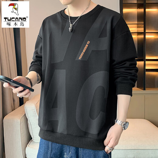 Woodpecker (TUCANO) large size sweatshirt for men in spring and autumn, extra large loose trendy brand round neck casual versatile plus fat bottoming top FJB607-6586 black 5XL recommended 190-210Jin Jin is equal to 0.5 kg