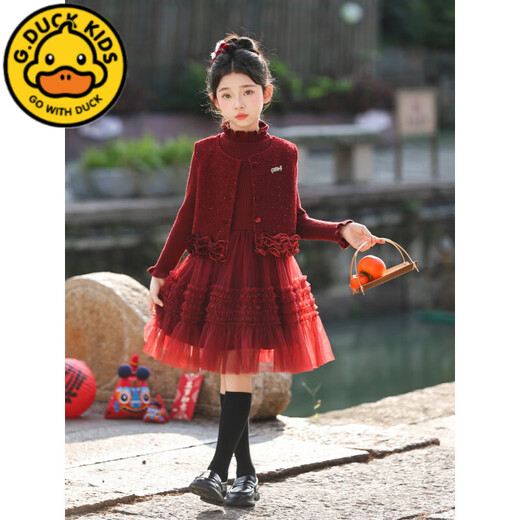 G.duck girls dress New Year's greetings Chinese style red New Year's clothes children's autumn and winter plus velvet new Chinese Hanfu suit red suit vest + dress 100