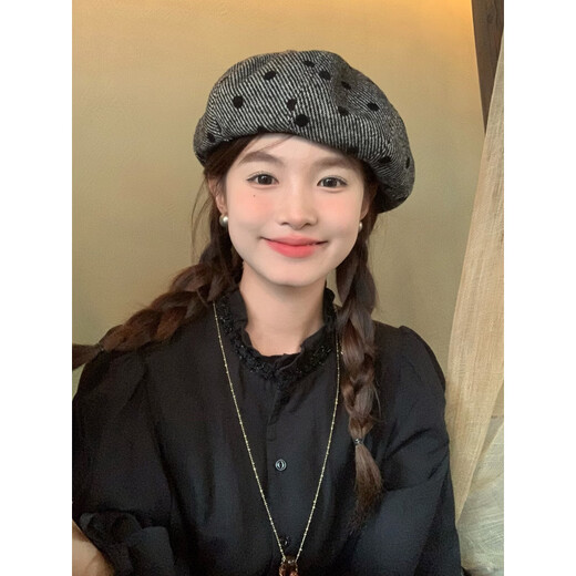 Xiaohongshu polka-dot beret hat for women in winter with big head circumference and face, small versatile newsboy hat, light brown M, suitable for head circumference 54c-58cm