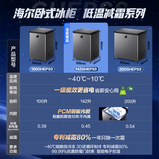 Haier freezer household small automatic frost reduction subzero ultra-low temperature horizontal small freezer fresh-keeping refrigerator deep-freezing first-level energy-saving tea breast milk seafood freezer 142 liters |-40 cell-level freezing + double antibacterial + electronic temperature control