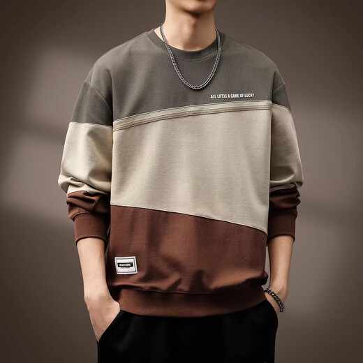 Noble high-end American style contrasting color splicing heavy sweatshirt for men 2026 spring and autumn new loose large size long-sleeved bottoming shirt