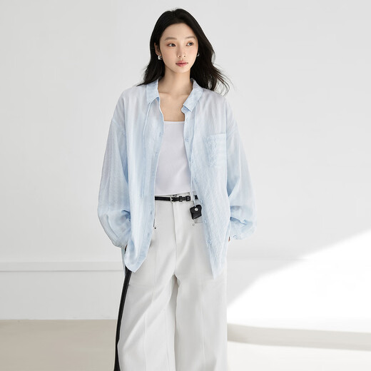 Dialogue (DUIBAI) Lyocell Loose Lace Blue Shirt Women's 2026 Spring New Textured Lightweight Long Sleeve Top Light Elegant Blue S