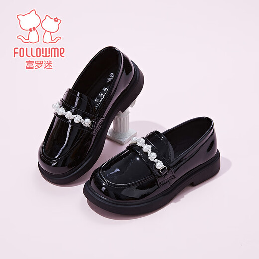 Fuluo Mi Girls Leather Shoes Spring Campus Style Versatile Loafers Little Girls Soft Sole Light Fashion Shoes Shadow Black 32