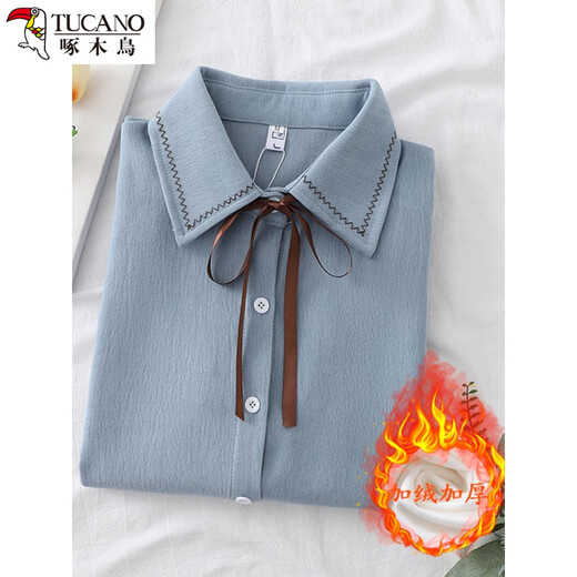 Woodpecker autumn and winter new style plus velvet, thickened and warm, commuting basic shirt for women to wear inside, niche long-sleeved top, trendy, white + brown laces, regular version, S collection, priority delivery