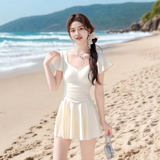 Yookdd swimsuit women's one-piece dress conservative hot spring swimsuit slimming body-covering swimsuit student seaside women's swimsuit off-white one-piece swimsuit one size