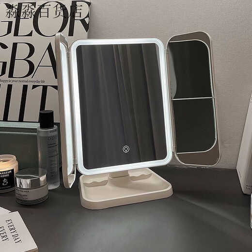LED makeup mirror desktop with light folding magnification Internet celebrity dormitory desktop beauty bedroom dressing mirror for women exclusive version three-color light + charging use