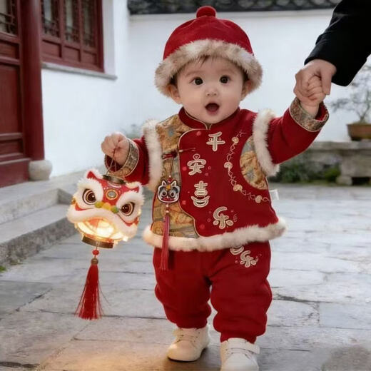Hongyile baby clothes, winter clothes, one-year-old dress, baby winter jumpsuit, Chinese style New Year's greeting suit, full moon and 100th day New Year's wear, safe and happy thickened jumpsuit + vest (without hood) 100cm 15-18 months 25-28Jin Jin equals 0.5 kg