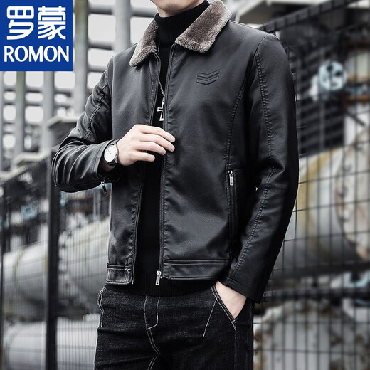ROMON autumn and winter men's leather jacket new style lapel leather jacket trendy slim motorcycle casual Korean style plush leather jacket black plush plus thick style M recommended 90-110Jin Jin equals 0.5 kg