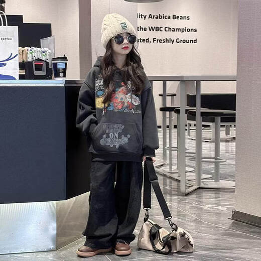 Now Pauline girls velvet sweatshirt autumn and winter 2025 new style loose mid-length children's spring and autumn tops for girls and boys hooded khaki_spring and autumn sweatshirt 120 cm