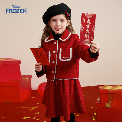 Disney children's clothing girls' suit spring and autumn 2026 new style children's red quilted jacket and skirt two-piece suit