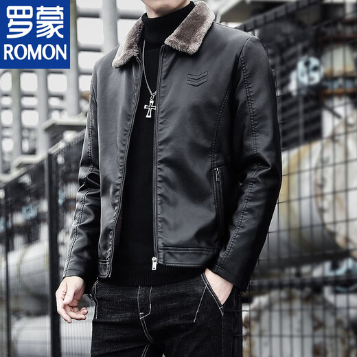 ROMON autumn and winter men's leather jacket new style lapel leather jacket trendy slim motorcycle casual Korean style plush leather jacket black plush plus thick style M recommended 90-110Jin Jin equals 0.5 kg