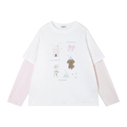 Mucmukn Frühlingsparty-Leinen + Lyocell + Baumwolle, originales, handbemaltes, bedrucktes, gefälschtes zweiteiliges T-Shirt für Mädchen, rosa und weiße Streifen, 150 cm