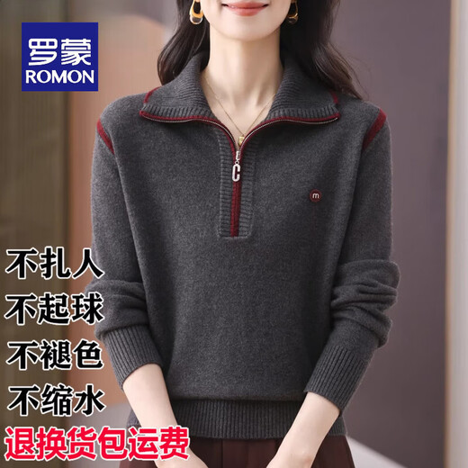ROMON high-end woolen sweater for women, half-zip lapel sweater, autumn and winter style, loose and thickened, foreign style base sweater, 100% pure wool - dark gray - Puyuan woolen sweater S, suitable for 40-45 kg