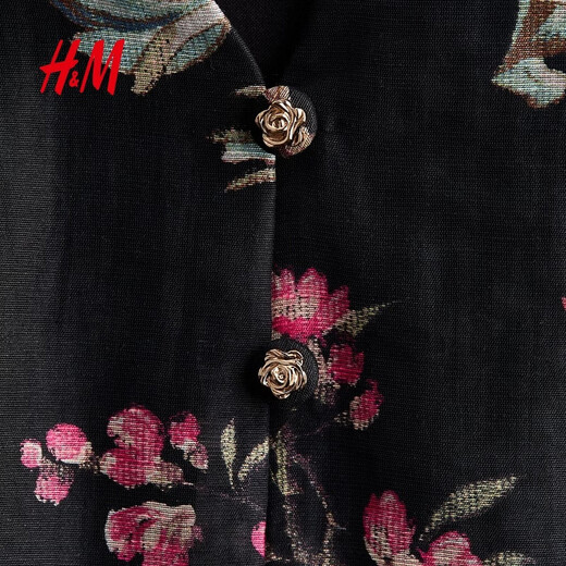 H&M2026 Spring New Women's Linen Blended Skirt Hem Top 1321285 Black/Floral XS 155/80