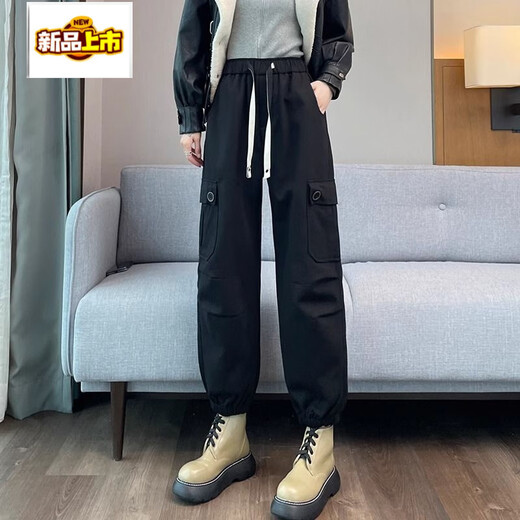 Early diameter plus cashmere black overalls for women in autumn and winter new high waist slimming American style leggings plus fleece pants black (thick plus fleece) S