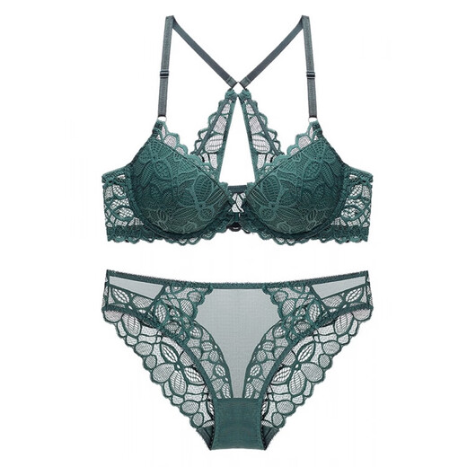 莫代尔性感蕾丝美背前扣秘密内衣女小胸聚拢上托防下垂文胸套装 墨绿色 70A 32/70A（配内裤）