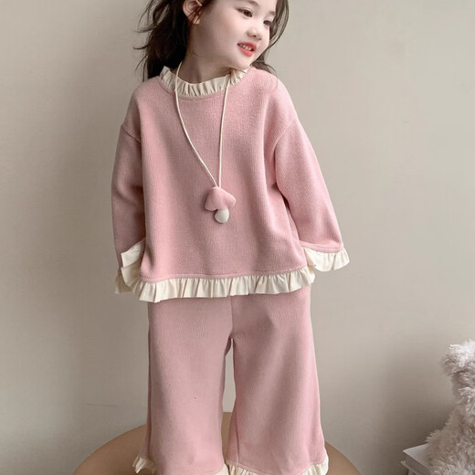 Wooden house girls spring and autumn fashionable sweatshirt set 2026 new baby autumn Korean style fashionable wide-leg pants two-piece set pink 140