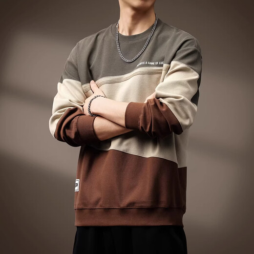 Noble high-end American style contrasting color splicing heavy sweatshirt for men 2026 spring and autumn new loose large size long-sleeved bottoming shirt