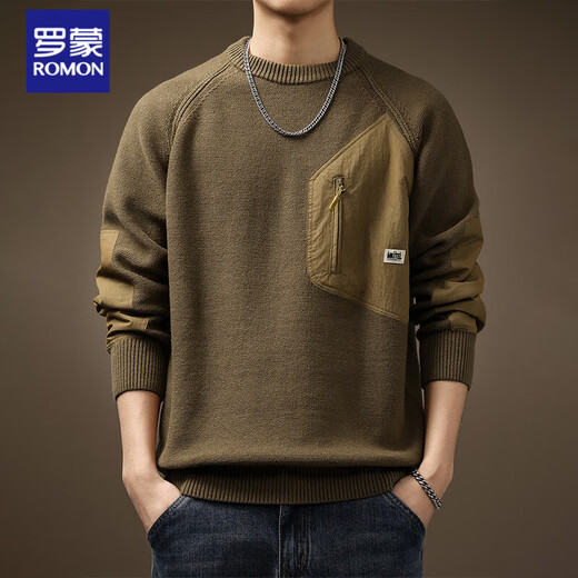 Romon Retro American Color Block Pocket Sweater Men's Autumn and Winter Thickened Loose Large Size Men's Knitwear Carbon Gray M