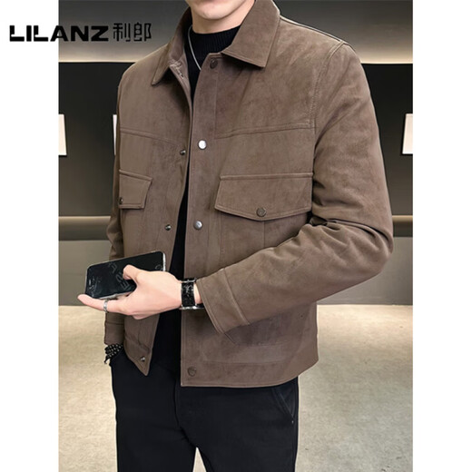 利郎（LILANZ）官方轻薄男士羽绒服冬季2025新款翻领麂皮加厚男装皮夹克高端外套 咖色-旗舰款 3XL 155-170斤