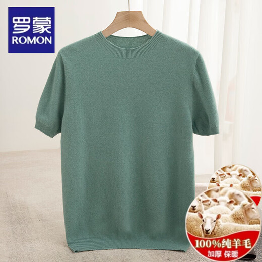 Romon 100% pure wool short-sleeved men's round neck sweater sweater half-sleeved wool bottoming shirt T-shirt large size loose golden camel S