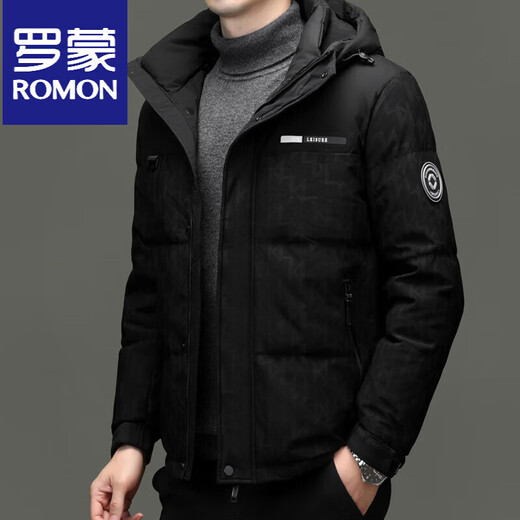 ROMON high-end down jacket men's 2025 winter hooded cold-proof white duck down jacket short warm fashion thickened jacket black S 165